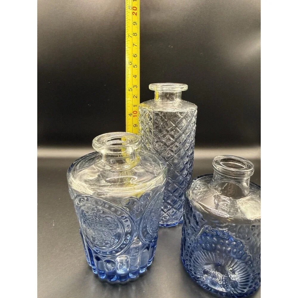 Lot Of 3 Vintage Style Blue Glass Bud Vases Bottles Shabby Chic Cottagecore